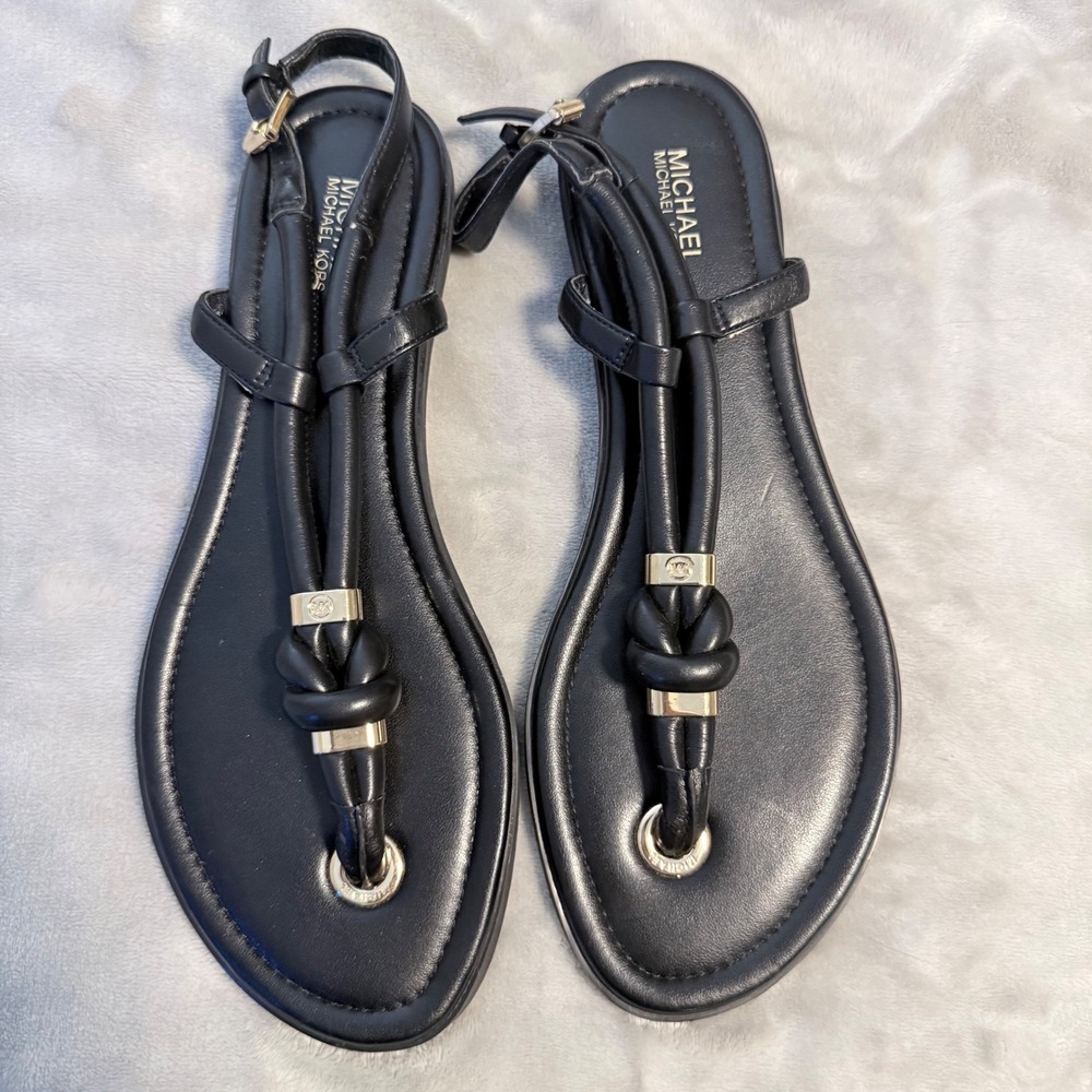 Michael Kors Black T Strap Thong Sandals Gold MK Logo Womens 8.5 Est NWOB - Picture 2 of 8
